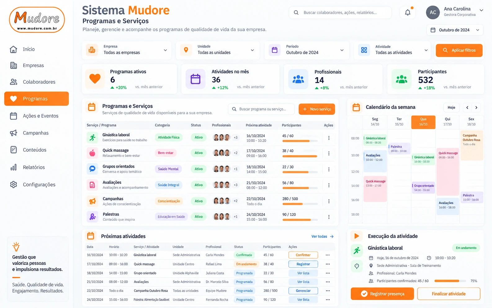 Exemplo ilustrativo da interface Mudore: Programas, equipes e atividades em uma única visão, com dados fictícios